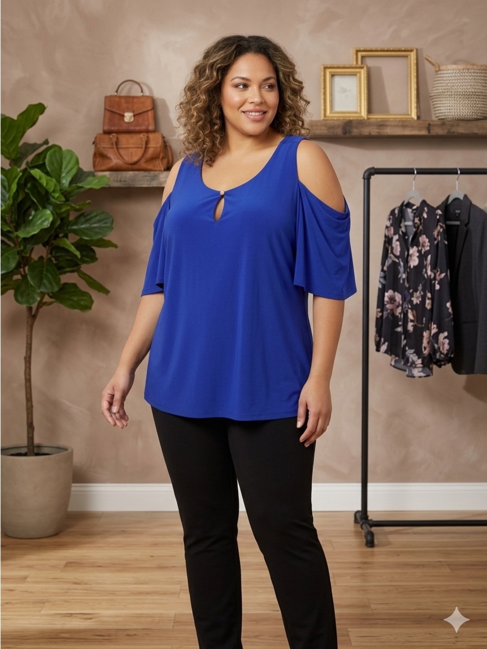 Ellen Tracy Royal Blue Cold Shoulder Keyhole Blouse 3X